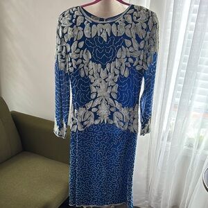 Silver and White Embellished Long Sleeve Cocktail Dress